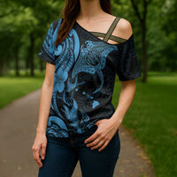 Hawaiian Manta Rays Cross Shoulder Shirt Tribal Hibiscus Polynesian Tattoos Blue Color LT03 - Polynesian Pride