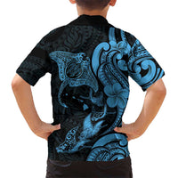 Hawaiian Manta Rays Family Matching Off The Shoulder Long Sleeve Dress and Hawaiian Shirt Tribal Hibiscus Polynesian Tattoos Blue Color - Polynesian Pride