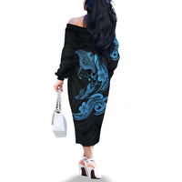 Hawaiian Manta Rays Family Matching Off The Shoulder Long Sleeve Dress and Hawaiian Shirt Tribal Hibiscus Polynesian Tattoos Blue Color - Polynesian Pride
