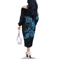Hawaiian Manta Rays Family Matching Off The Shoulder Long Sleeve Dress and Hawaiian Shirt Tribal Hibiscus Polynesian Tattoos Blue Color - Polynesian Pride