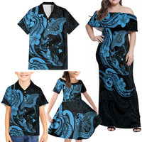 Hawaiian Manta Rays Family Matching Off Shoulder Maxi Dress and Hawaiian Shirt Tribal Hibiscus Polynesian Tattoos Blue Color - Polynesian Pride