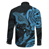 Hawaiian Manta Rays Family Matching Off Shoulder Maxi Dress and Hawaiian Shirt Tribal Hibiscus Polynesian Tattoos Blue Color - Polynesian Pride