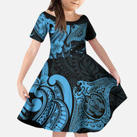 Hawaiian Manta Rays Family Matching Off Shoulder Short Dress and Hawaiian Shirt Tribal Hibiscus Polynesian Tattoos Blue Color - Polynesian Pride
