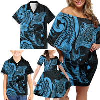 Hawaiian Manta Rays Family Matching Off Shoulder Short Dress and Hawaiian Shirt Tribal Hibiscus Polynesian Tattoos Blue Color - Polynesian Pride