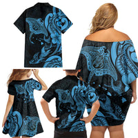 Hawaiian Manta Rays Family Matching Off Shoulder Short Dress and Hawaiian Shirt Tribal Hibiscus Polynesian Tattoos Blue Color - Polynesian Pride