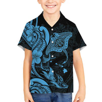 Hawaiian Manta Rays Family Matching Off Shoulder Short Dress and Hawaiian Shirt Tribal Hibiscus Polynesian Tattoos Blue Color - Polynesian Pride