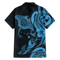 Hawaiian Manta Rays Family Matching Short Sleeve Bodycon Dress and Hawaiian Shirt Tribal Hibiscus Polynesian Tattoos Blue Color - Polynesian Pride