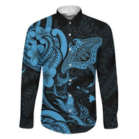 Hawaiian Manta Rays Family Matching Short Sleeve Bodycon Dress and Hawaiian Shirt Tribal Hibiscus Polynesian Tattoos Blue Color - Polynesian Pride