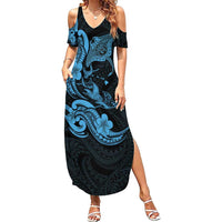 Hawaiian Manta Rays Family Matching Summer Maxi Dress and Hawaiian Shirt Tribal Hibiscus Polynesian Tattoos Blue Color - Polynesian Pride
