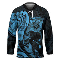 Hawaiian Manta Rays Hockey Jersey Tribal Hibiscus Polynesian Tattoos Blue Color LT03 Unisex Blue - Polynesian Pride