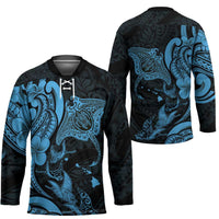 Hawaiian Manta Rays Hockey Jersey Tribal Hibiscus Polynesian Tattoos Blue Color LT03 - Polynesian Pride
