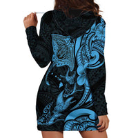 Hawaiian Manta Rays Hoodie Dress Tribal Hibiscus Polynesian Tattoos Blue Color - Polynesian Pride