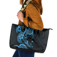 Hawaiian Manta Rays Leather Tote Bag Tribal Hibiscus Polynesian Tattoos Blue Color - Polynesian Pride