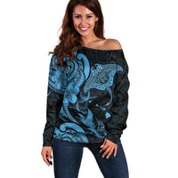 Hawaiian Manta Rays Off Shoulder Sweater Tribal Hibiscus Polynesian Tattoos Blue Color - Polynesian Pride