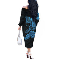 Hawaiian Manta Rays Off The Shoulder Long Sleeve Dress Tribal Hibiscus Polynesian Tattoos Blue Color - Polynesian Pride