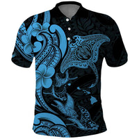 Hawaiian Manta Rays Polo Shirt Tribal Hibiscus Polynesian Tattoos Blue Color - Polynesian Pride