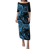 Hawaiian Manta Rays Puletasi Tribal Hibiscus Polynesian Tattoos Blue Color LT03 Long Dress Blue - Polynesian Pride