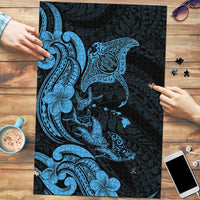 Hawaiian Manta Rays Puzzle Tribal Hibiscus Polynesian Tattoos Blue Color - Polynesian Pride