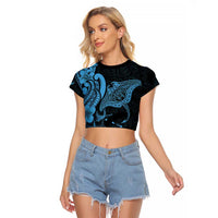Hawaiian Manta Rays Raglan Cropped T Shirt Tribal Hibiscus Polynesian Tattoos Blue Color LT03 Female Blue - Polynesian Pride