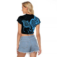Hawaiian Manta Rays Raglan Cropped T Shirt Tribal Hibiscus Polynesian Tattoos Blue Color LT03 - Polynesian Pride