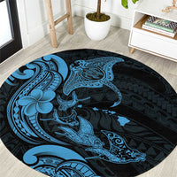 Hawaiian Manta Rays Round Carpet Tribal Hibiscus Polynesian Tattoos Blue Color - Polynesian Pride