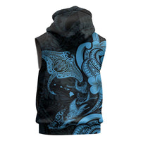 Hawaiian Manta Rays Sleeveless Hoodie Tribal Hibiscus Polynesian Tattoos Blue Color - Polynesian Pride