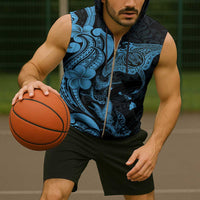 Hawaiian Manta Rays Sleeveless Zip Hoodie Tribal Hibiscus Polynesian Tattoos Blue Color - Polynesian Pride