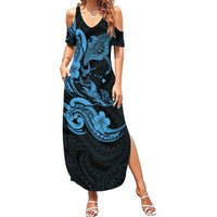 Hawaiian Manta Rays Summer Maxi Dress Tribal Hibiscus Polynesian Tattoos Blue Color LT03 Women Blue - Polynesian Pride