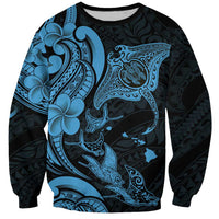 Hawaiian Manta Rays Sweatshirt Tribal Hibiscus Polynesian Tattoos Blue Color - Polynesian Pride