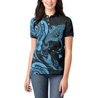 Hawaiian Manta Rays Women Polo Shirt Tribal Hibiscus Polynesian Tattoos Blue Color - Polynesian Pride