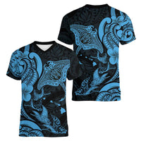 Hawaiian Manta Rays Women V-Neck T-Shirt Tribal Hibiscus Polynesian Tattoos Blue Color - Polynesian Pride