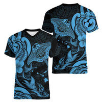 Hawaiian Manta Rays Women V-Neck T-Shirt Tribal Hibiscus Polynesian Tattoos Blue Color - Polynesian Pride