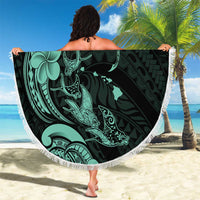 Hawaiian Manta Rays Beach Blanket Tribal Hibiscus Polynesian Tattoos Turquoise Color - Polynesian Pride