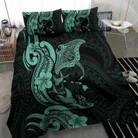 Hawaiian Manta Rays Bedding Set Tribal Hibiscus Polynesian Tattoos Turquoise Color - Polynesian Pride