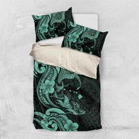 Hawaiian Manta Rays Bedding Set Tribal Hibiscus Polynesian Tattoos Turquoise Color - Polynesian Pride