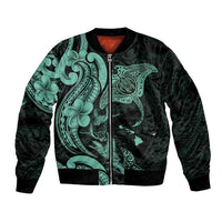 Hawaiian Manta Rays Bomber Jacket Tribal Hibiscus Polynesian Tattoos Turquoise Color - Polynesian Pride