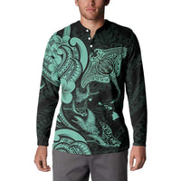Hawaiian Manta Rays Button Sweatshirt Tribal Hibiscus Polynesian Tattoos Turquoise Color - Polynesian Pride