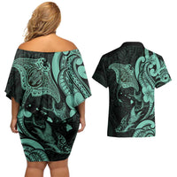 Hawaiian Manta Rays Couples Matching Off Shoulder Short Dress and Hawaiian Shirt Tribal Hibiscus Polynesian Tattoos Turquoise Color - Polynesian Pride