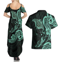 Hawaiian Manta Rays Couples Matching Summer Maxi Dress and Hawaiian Shirt Tribal Hibiscus Polynesian Tattoos Turquoise Color - Polynesian Pride