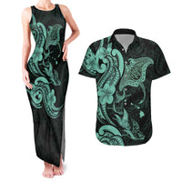 Hawaiian Manta Rays Couples Matching Tank Maxi Dress and Hawaiian Shirt Tribal Hibiscus Polynesian Tattoos Turquoise Color - Polynesian Pride