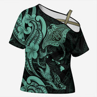 Hawaiian Manta Rays Cross Shoulder Shirt Tribal Hibiscus Polynesian Tattoos Turquoise Color LT03 Female Turquoise - Polynesian Pride