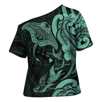 Hawaiian Manta Rays Cross Shoulder Shirt Tribal Hibiscus Polynesian Tattoos Turquoise Color - Polynesian Pride