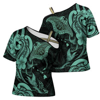 Hawaiian Manta Rays Cross Shoulder Shirt Tribal Hibiscus Polynesian Tattoos Turquoise Color LT03 - Polynesian Pride