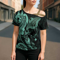 Hawaiian Manta Rays Cross Shoulder Shirt Tribal Hibiscus Polynesian Tattoos Turquoise Color LT03 - Polynesian Pride