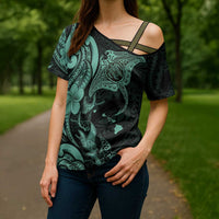 Hawaiian Manta Rays Cross Shoulder Shirt Tribal Hibiscus Polynesian Tattoos Turquoise Color LT03 - Polynesian Pride
