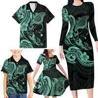 Hawaiian Manta Rays Family Matching Long Sleeve Bodycon Dress and Hawaiian Shirt Tribal Hibiscus Polynesian Tattoos Turquoise Color - Polynesian Pride