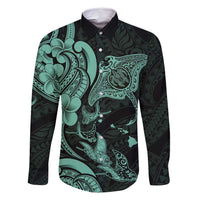 Hawaiian Manta Rays Family Matching Long Sleeve Bodycon Dress and Hawaiian Shirt Tribal Hibiscus Polynesian Tattoos Turquoise Color - Polynesian Pride
