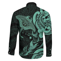 Hawaiian Manta Rays Family Matching Long Sleeve Bodycon Dress and Hawaiian Shirt Tribal Hibiscus Polynesian Tattoos Turquoise Color - Polynesian Pride