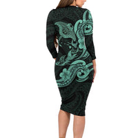Hawaiian Manta Rays Family Matching Long Sleeve Bodycon Dress and Hawaiian Shirt Tribal Hibiscus Polynesian Tattoos Turquoise Color - Polynesian Pride