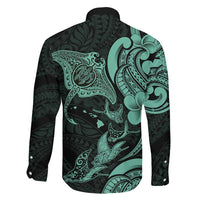 Hawaiian Manta Rays Family Matching Mermaid Dress and Hawaiian Shirt Tribal Hibiscus Polynesian Tattoos Turquoise Color - Polynesian Pride